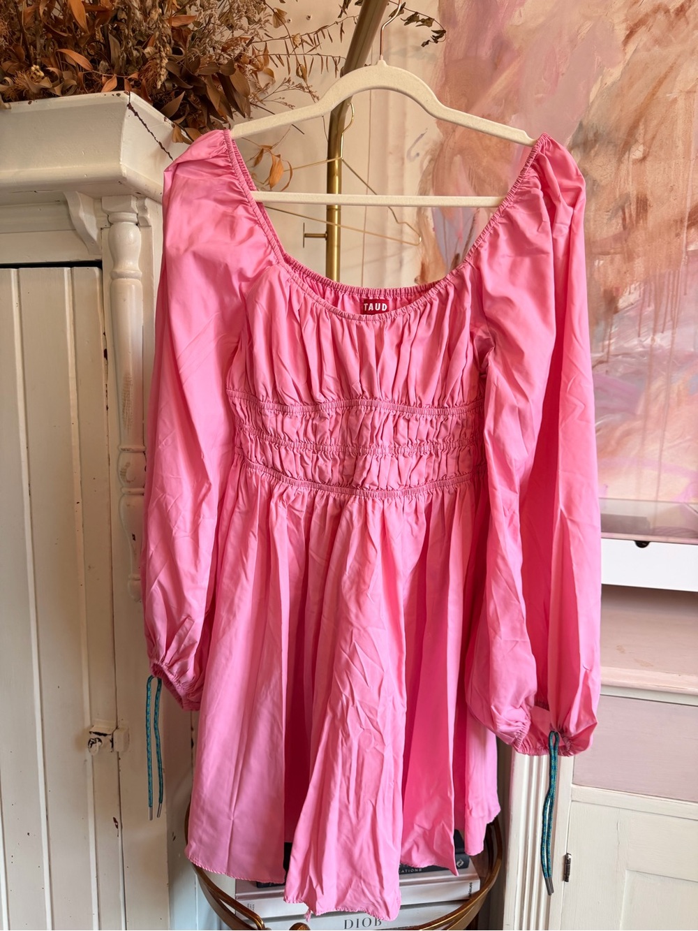 STAUD Pink Smocked Peasant Blouse